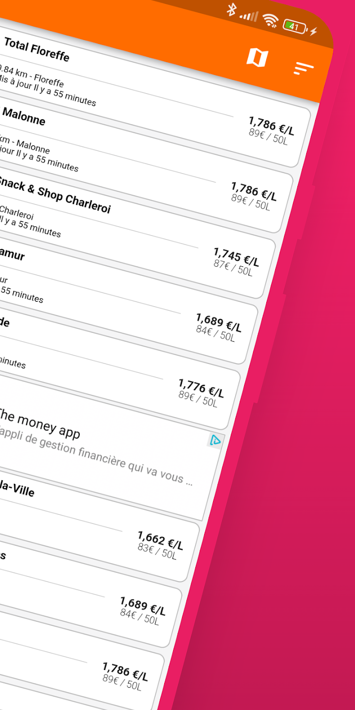 Liste de stations dans l’application Fuelbay